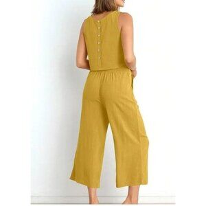 Women Sleeveless Round Neck Jumpsuit Cropped Wide leg Boho Comfort L Yellow